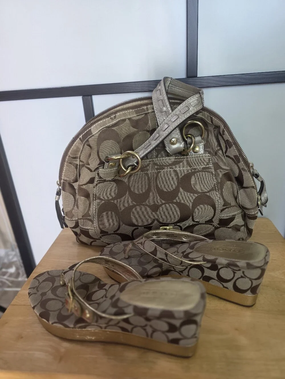 Coach Brown Signature Canvas Handbag And Wedge Thong Sandals Size 11